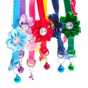 Colorful pet collar with fabric flower rhinestone bell cat dog puppy neck strap accessory