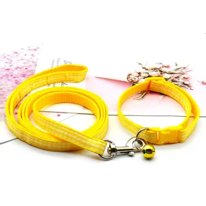 Yellow plaid pet leash and collar set with small bell, perfect for daily cat dog walking.
