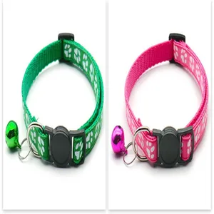 Adjustable pet cat dog collar with bell paw print pattern nylon neck strap green pink