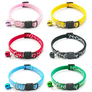 Colorful printed cat collar with cute cat face buckle and small bell for pets safety.