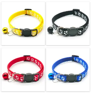 Adjustable pet cat dog collar with cute paw print pattern, metal bell and quick release buckle.