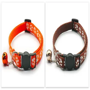 Adjustable pet collar with cute paw print pattern, safe buckle and bell for cats and dogs.