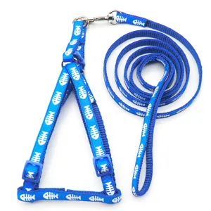 Blue pet harness and leash set detail featuring durable nylon webbing with a fun white fishbone pattern.
