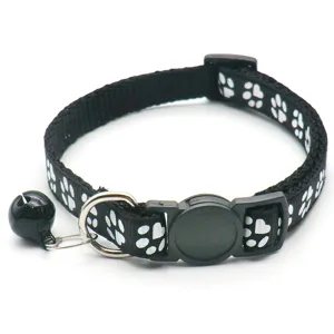Black pet cat collar with white paw prints, adjustable strap, metal D-ring and cute small bell.