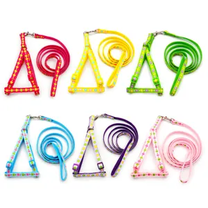 Colorful floral pet harness and leash set, adjustable nylon puppy cat chest strap detail.