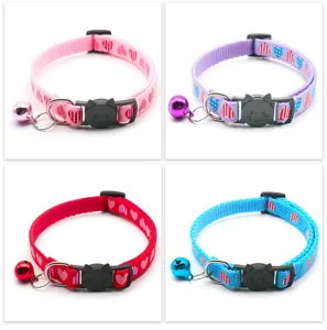 Cute pet cat collar with heart print, black cat buckle and metal bell for small dogs.