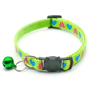 Green pet cat collar with cute heart print, black cat buckle and metal bell for small animals.