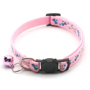 Pink bone print dog cat collar with cute cat buckle and ringing bell for pet daily wear.