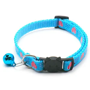 Blue heart print pet cat dog collar with cute cat buckle metal D-ring and bell detail.