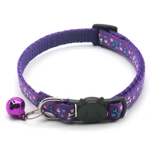 Purple pet collar detail featuring bone print, cute cat buckle, metal ring, and lovely bell.