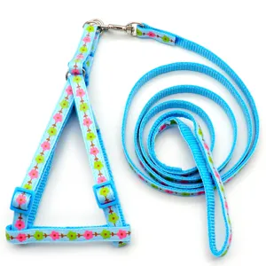 Blue floral pet harness and leash detail shot, showing adjustable buckle and nylon strap texture.