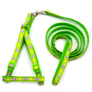 Green floral pet harness and leash set, adjustable small dog cat walking strap details.