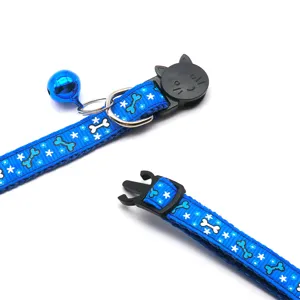 Blue pet collar with bone print, bell, and cat head buckle for dogs and cats main view