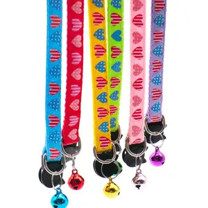 Colorful heart printed pet collar with bell, cute cat and dog neck strap, safe design.
