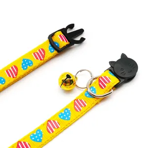 Cute yellow heart print pet collar featuring golden bell and cat buckle main view show.