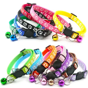 Colorful adjustable nylon pet collar with cute paw print and bell for cats and dogs