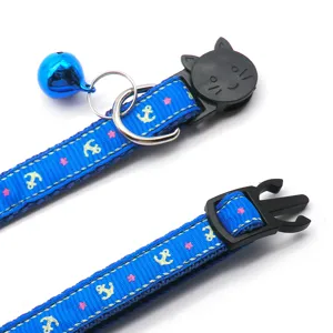 Blue pet collar with anchor print, cute cat safety buckle and bell for small dogs and cats.