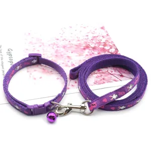Purple pet leash set with cat collar, cute rabbit pattern design, durable nylon material.