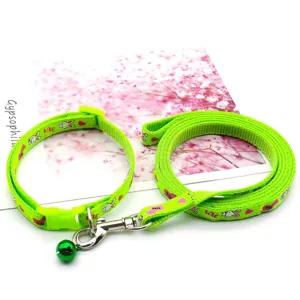 Green pet leash collar set with cute rabbit pattern and bell detail for cats and dogs