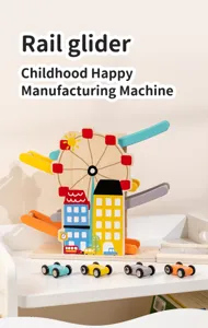 Wooden ferris wheel rail glider toy detail showing colorful sliding cars and city decorations.