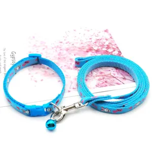 Blue pet leash and collar set with cute rabbit pattern and bell, ideal for cats and dogs.