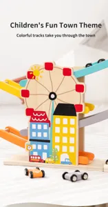 Detailed view of the wooden Ferris wheel track toy with colorful sliding cars for kids.