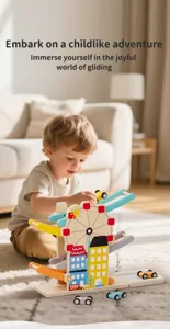 Wooden ferris wheel sliding track car toy detail, cute child playing, educational toy.