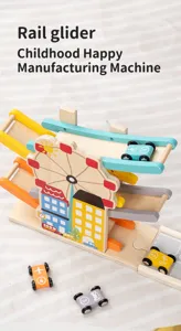 Wooden rail glider track car toy for kids, multi-layer sliding toy with Ferris wheel.
