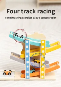 Wooden four track racing toy for kids baby visual tracking educational car toy gift