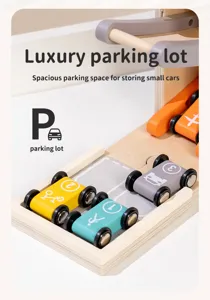 Detailed view of wooden parking lot toy track featuring numbered cars and smooth sliding tracks.