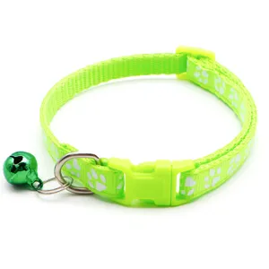 Green paw print pet cat collar with quick release buckle and bell, 1.0cm width variant.