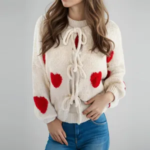 Dames Casual Lange Mouw Vest Trui Schattig Hart Aardbei Gebreide Bovenkleding Vetersluiting Tops
