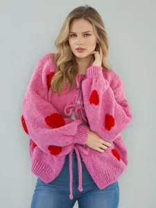 Roze gebreid vest met rood hartjes borduurwerk voor dames, stijlvolle lange mouw trui.