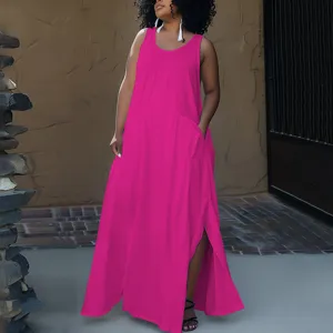 Plus Size Women Casual Solid Color Loose Sleeveless Maxi Dress Comfortable Long Tank Dress For Summer Vacation