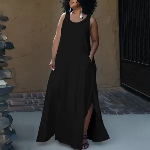 Casual sleeveless maxi dress detail, featuring convenient side pockets and a stylish side slit.