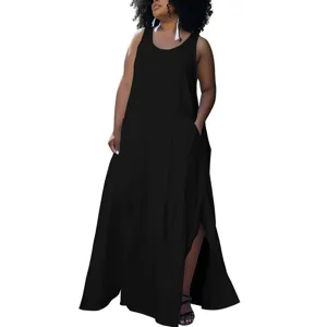 Plus size black maxi dress, sleeveless casual loose tank dress with side slit and pockets.