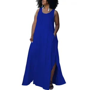 Plus size royal blue sleeveless maxi dress featuring casual loose fit, pockets and side slit.