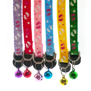 Colorful pet collar for cats and dogs, nylon strap with footprint pattern and a bell.
