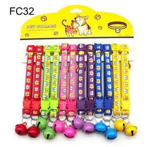 Colorful pet collars set with cute cat patterns and bells, adjustable neck straps for cats dogs.