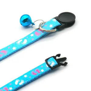 Blue pet cat collar with cute paw prints bell and safety buckle for small dogs daily use