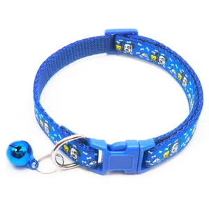 Blue nylon pet collar with bell, cute cartoon printed puppy design for cats and dogs.