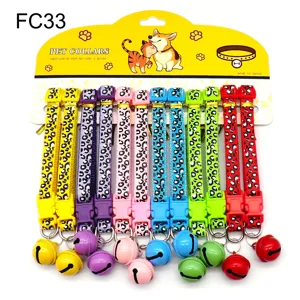 Detailed view of colorful leopard print pet collars with bells on display card, 12pcs set.