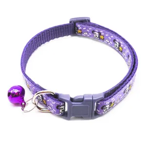 Purple cartoon print pet collar with bell and buckle for cats and dogs detail view