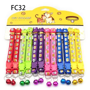 Colorful pet collars set with cute cat prints, nylon straps, and matching metal bells.