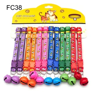 Detailed view of colorful pet collars set with cute cartoon prints, plastic buckles and bells.