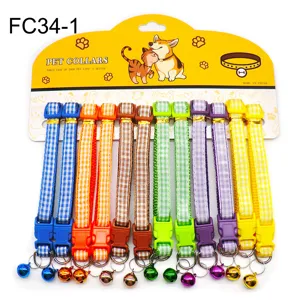 Colorful plaid pet collar with bell, cute fabric kitten and puppy neck strap carded.