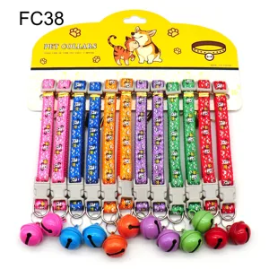 Detailed view of colorful pet collars set with cute cartoon patterns, safety buckles, and bells.