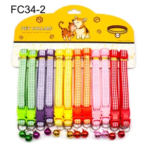 Colorful plaid pet collars with bells and quick release buckles for cats and small dogs.