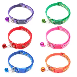 Colorful cartoon print pet collar with bell and buckle for cats and dogs, adjustable size.