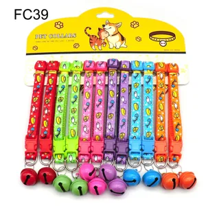 Colorful pet collars with bells 12pcs set, adjustable nylon cat dog neck strap with plastic buckle.